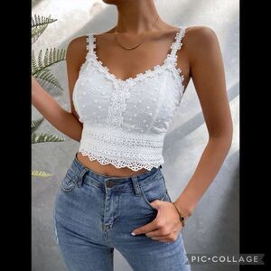 Cottagecore White Eyelet Floral Appliqué Boho Crop Cami Size Large